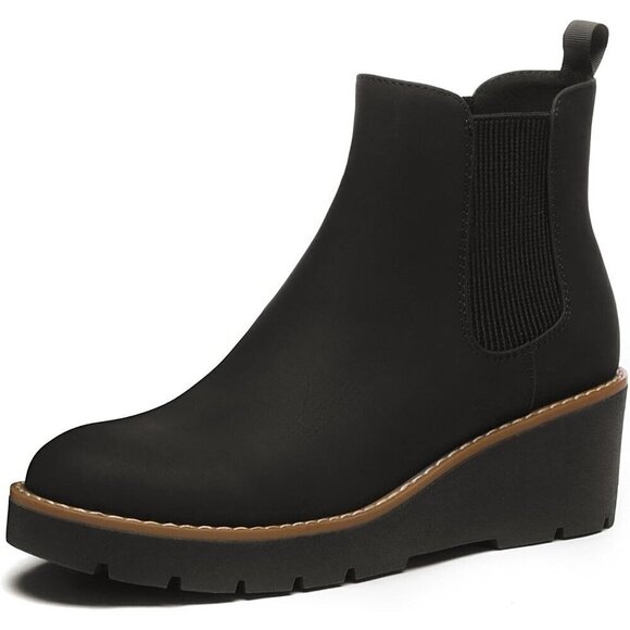 Chelsea Wedge Boots Black Faux Leather Elastic Platform Lug Sole For Women - Picture 1 of 7